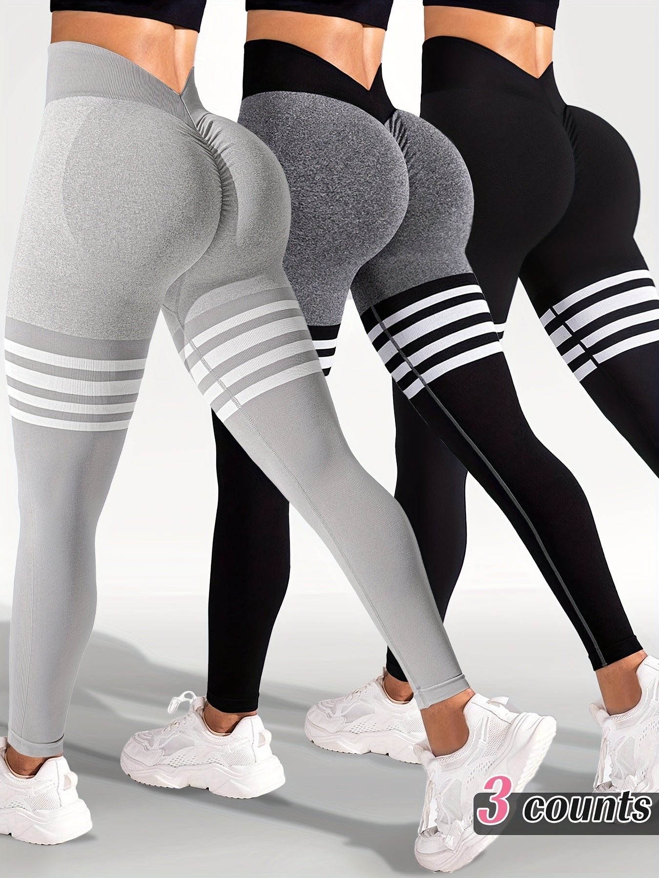 3-Pack Women'S Seamless High Elasticity Sports Yoga Tights, Sports Tights with Compressive Fit and Fashionable Color-Block Stripes, for Exercise and Gym Use
